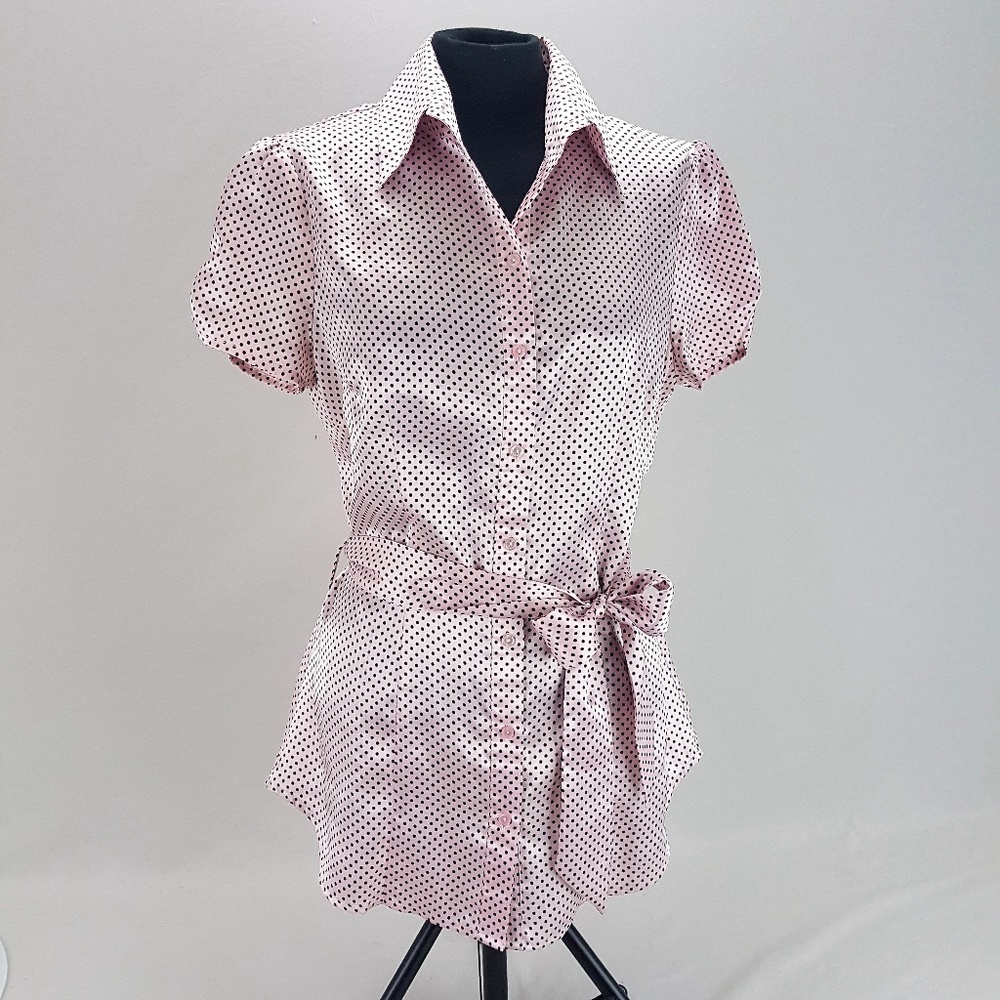 BCX Womens Blouse Pink Polka Dot Short Ruched Slv